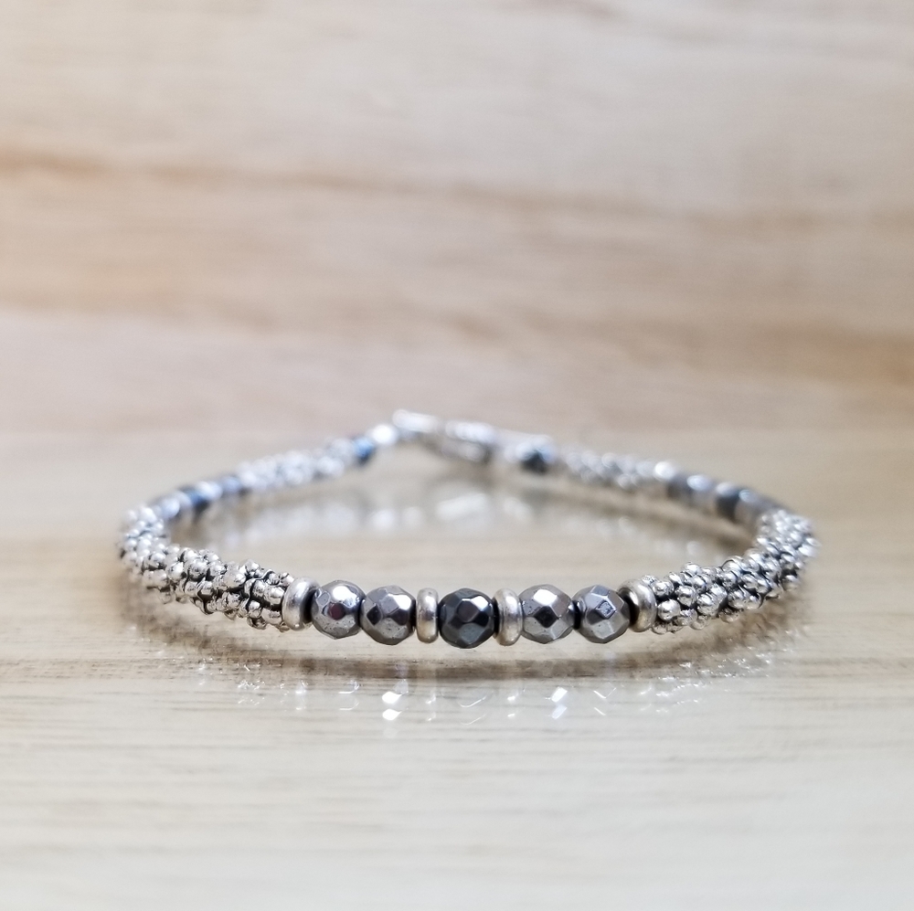 Two Tone Silver Beaded Toggle Bracelet